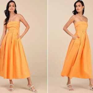 Lulus Trendsetting Choice Orange Strapless Midi Dress With Pockets - Size M
